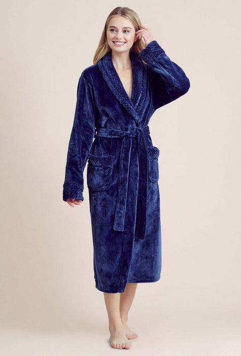 Women Plush Shawl Collar Robe Navy