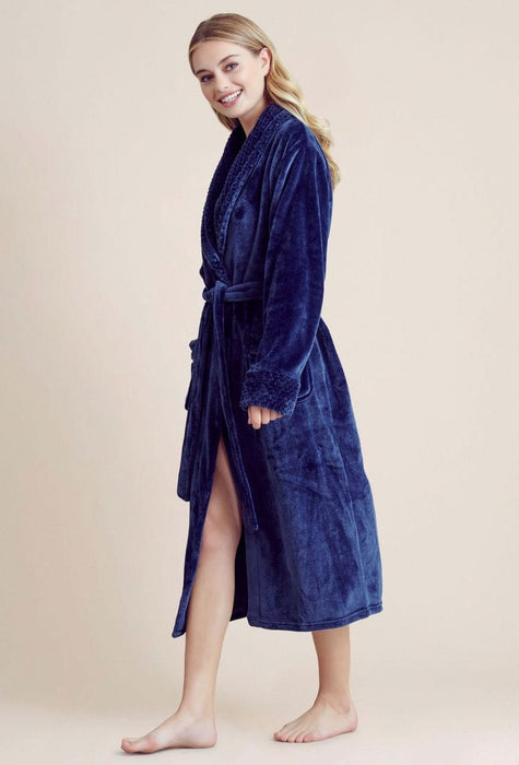 Women Plush Shawl Collar Robe Navy