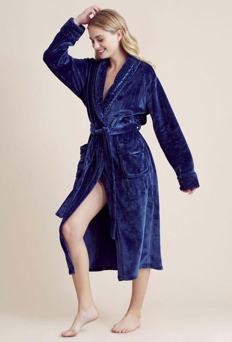 Women Plush Shawl Collar Robe Navy