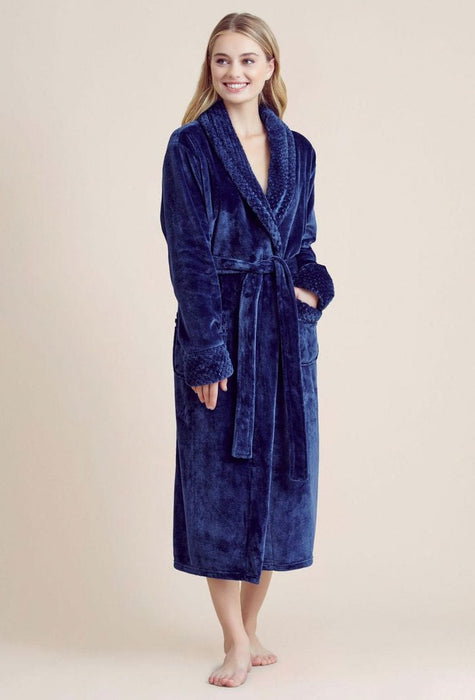 Women Plush Shawl Collar Robe Navy