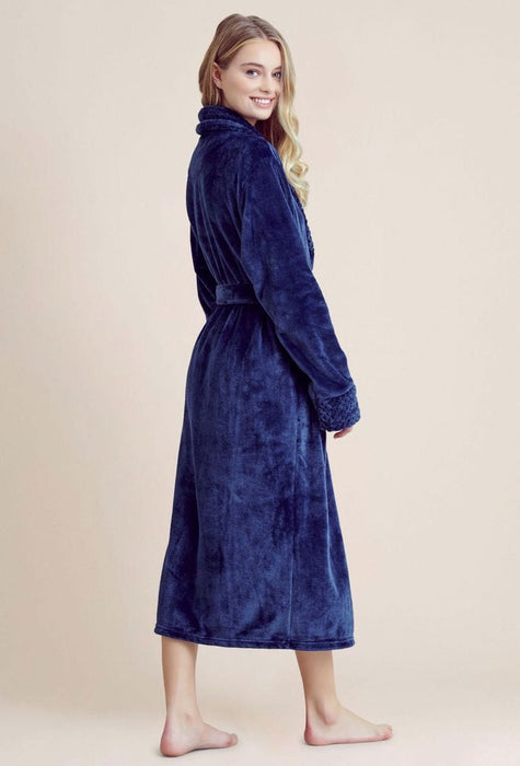 Women Plush Shawl Collar Robe Navy