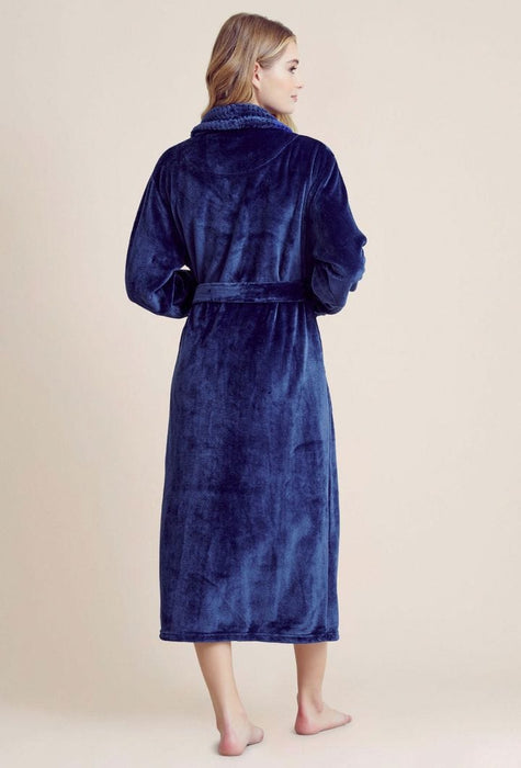 Women Plush Shawl Collar Robe Navy