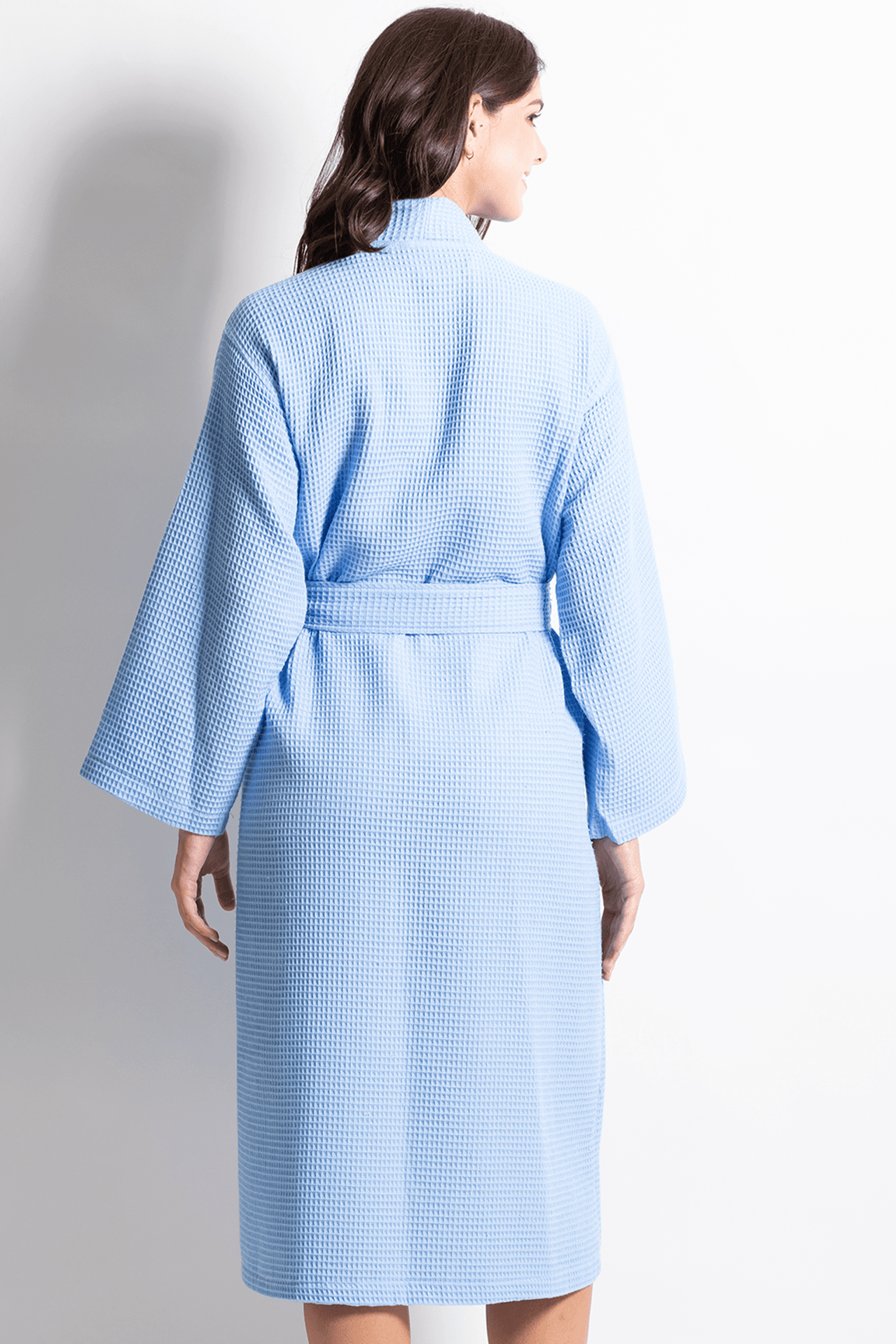 Women's Long Waffle Cotton Bathrobe, Kimono Style, Luxury Robe Poly bl ...