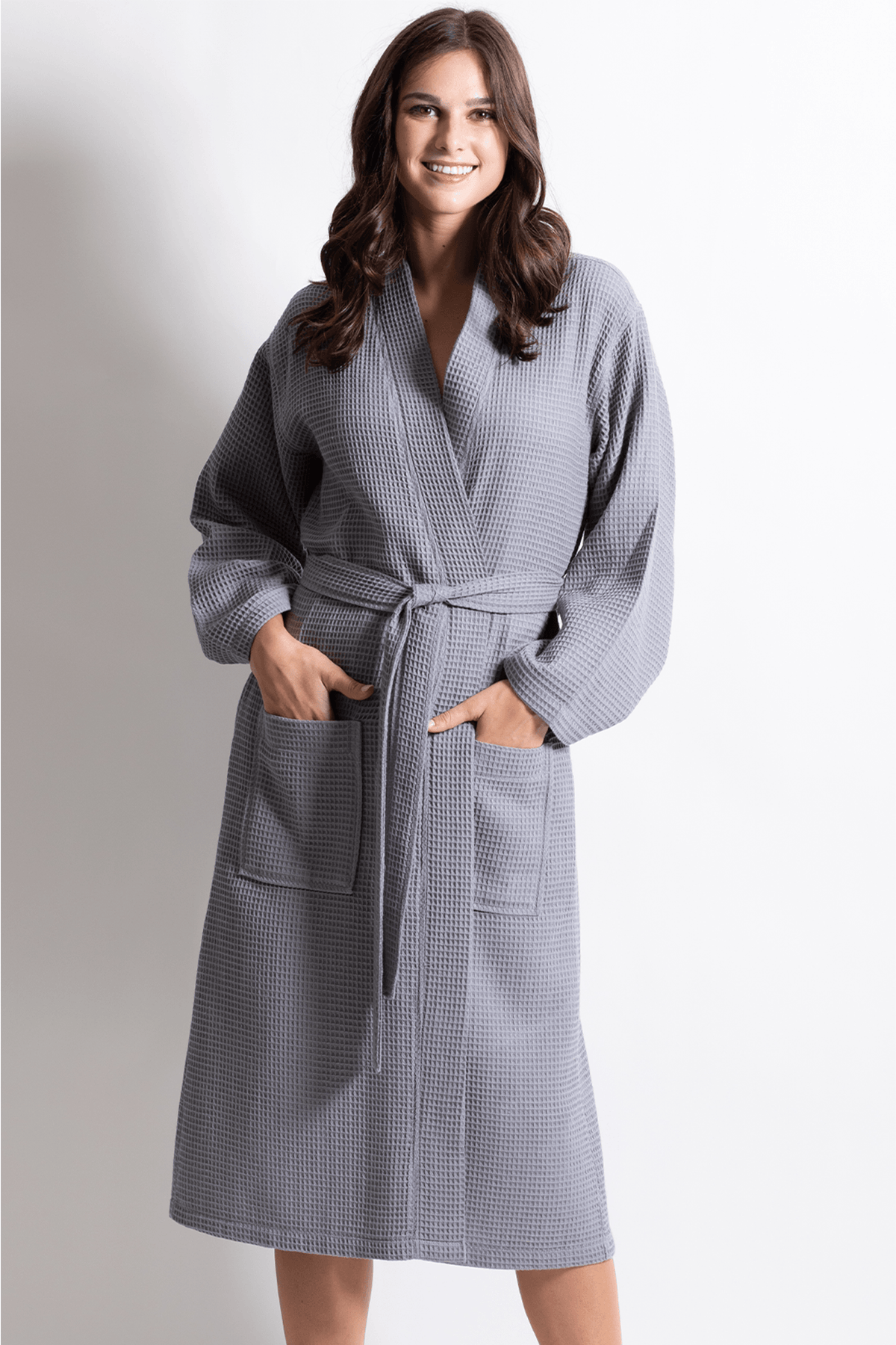 Premium Waffle robe long, Polyblend grey — RobesNmore