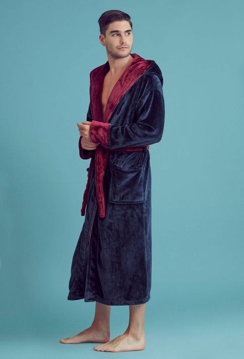 Men Plush Shawl Collar Robe  Navy&Red