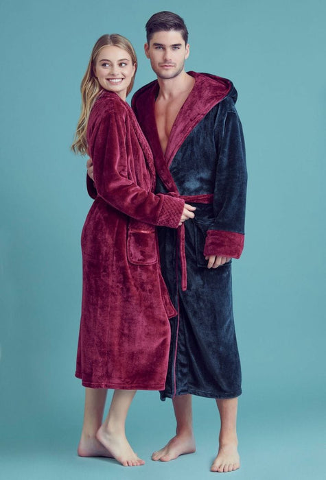 Men Plush Shawl Collar Robe  Navy&Red