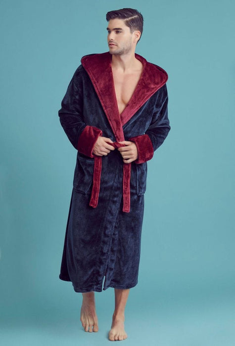 Men Plush Shawl Collar Robe  Navy&Red