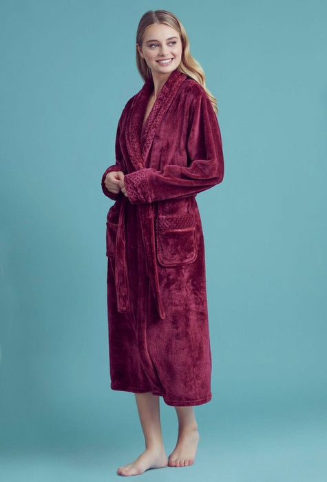 Women Plush Shawl Collar Robe Wine Red