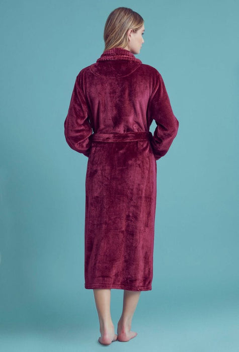 Women Plush Shawl Collar Robe Wine Red