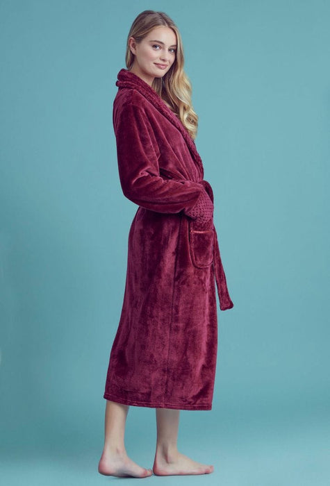 Women Plush Shawl Collar Robe Wine Red