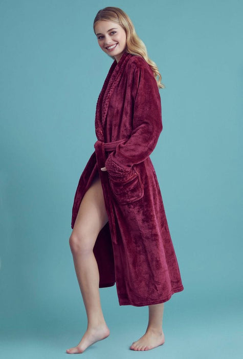 Women Plush Shawl Collar Robe Wine Red