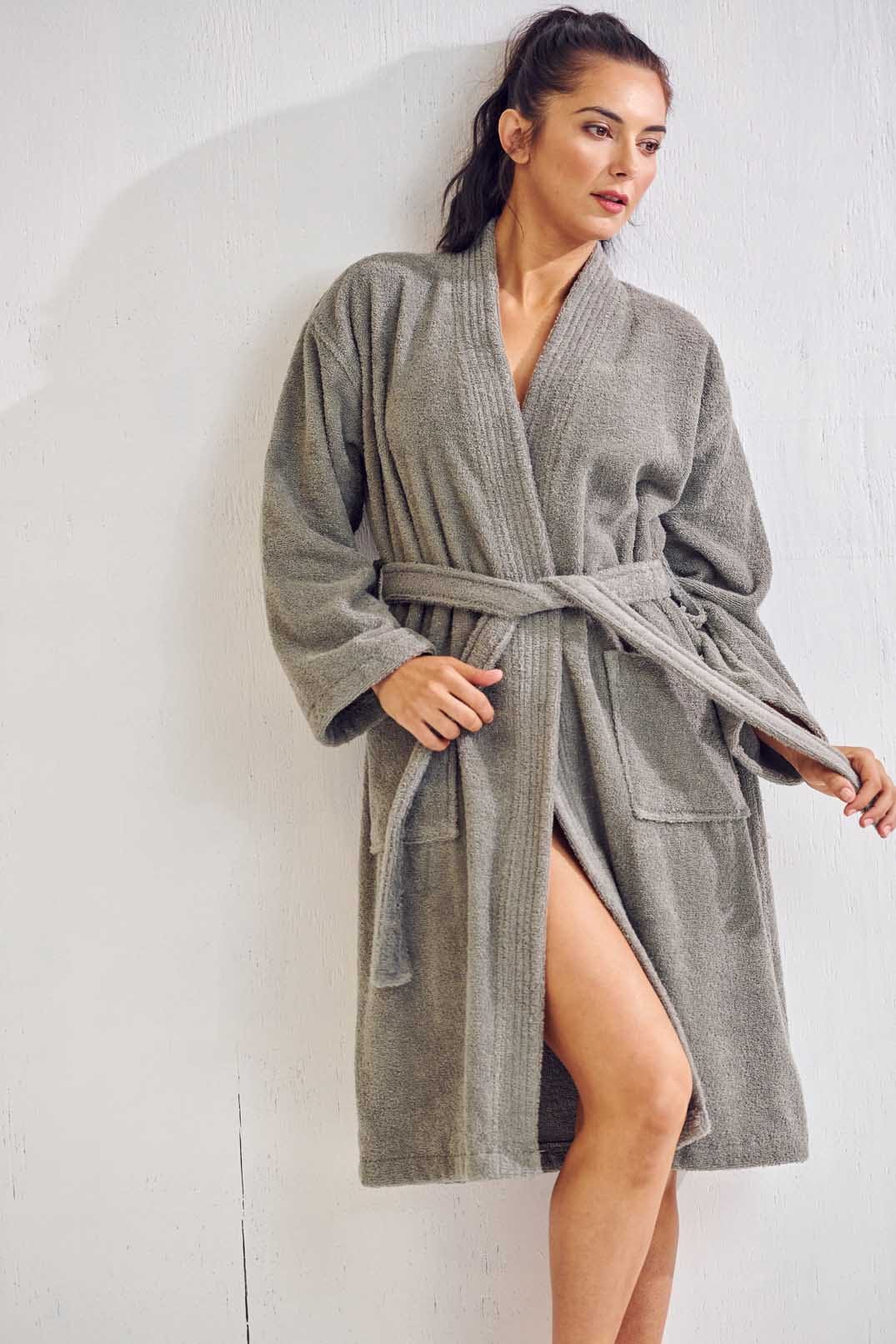 Women's Terry Gray Bathrobe, Kimono Style
