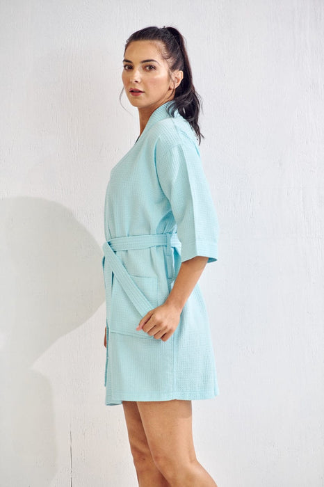 Women's Waffle Kimono Short Light Turquoise Bathrobe