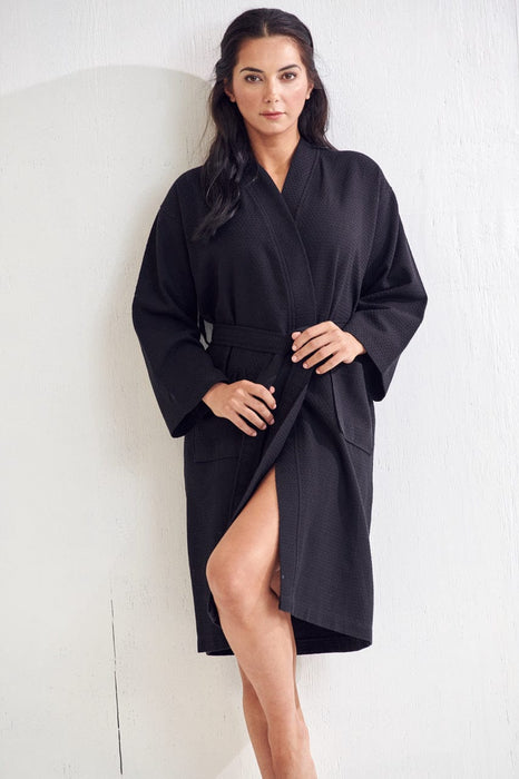 Women's Long Waffle Black Bathrobe, Kimono Style, 100% Cotton