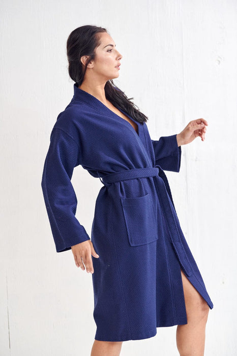 Women's Long Waffle Navy Bathrobe, Kimono Style, Polyblend