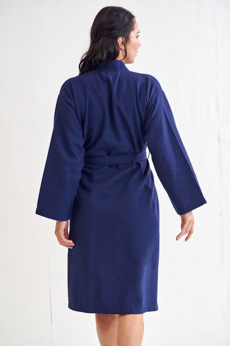 Women's Long Waffle Navy Bathrobe, Kimono Style, Polyblend