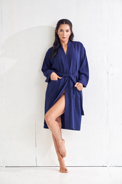 Women's Long Waffle Navy Bathrobe, Kimono Style, Polyblend