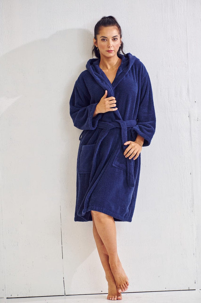 Women's Terry Cotton Hooded Bathrobe, Luxurious Terry Cloth, Lightweight & Soft (Navy), Medium