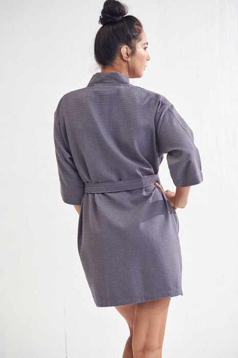 Women's Waffle Kimono Short Charcoal Bathrobe