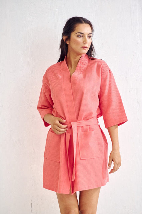 Women's Waffle Kimono Short Coral Bathrobe