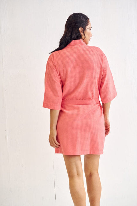 Women's Waffle Kimono Short Coral Bathrobe