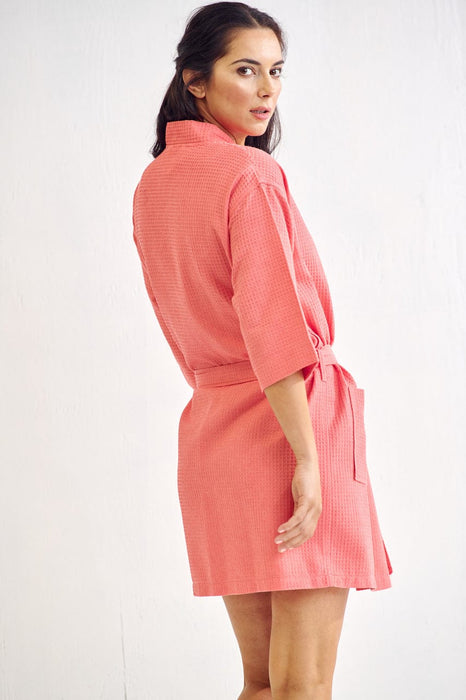 Women's Waffle Kimono Short Coral Bathrobe