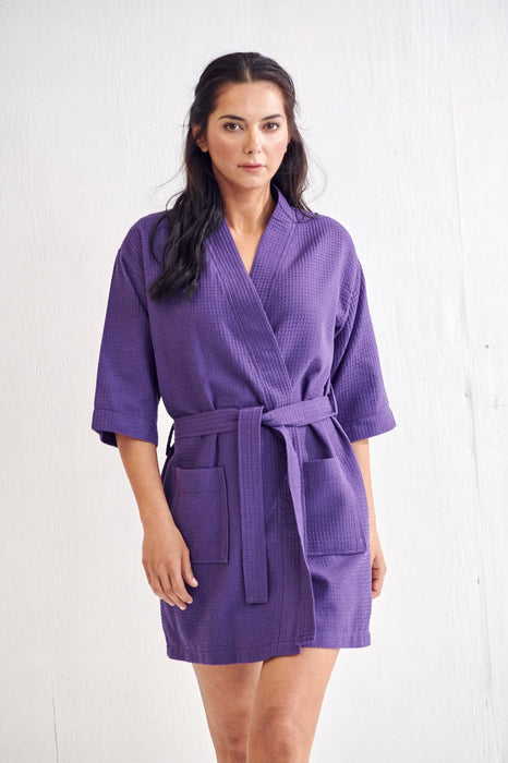 Women's Waffle Kimono Short Eggplant Purple Bathrobe