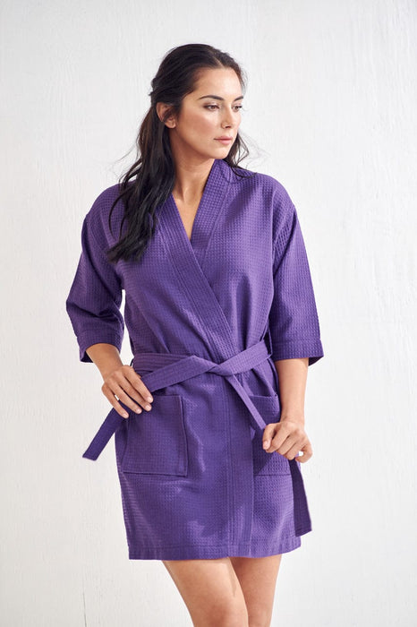 Women's Waffle Kimono Short Eggplant Purple Bathrobe