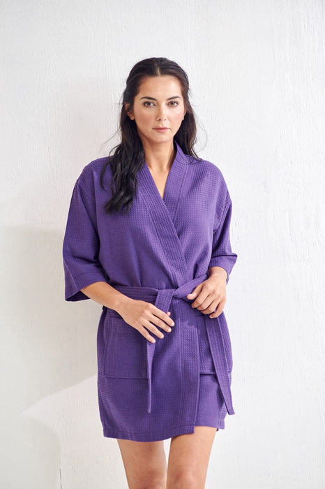 Women's Waffle Kimono Short Eggplant Purple Bathrobe