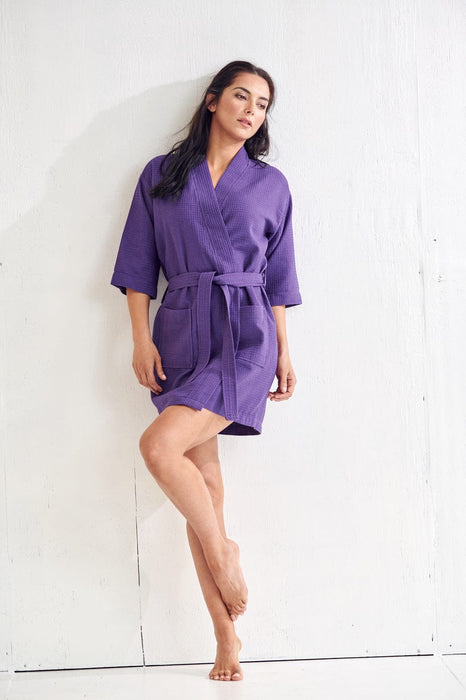 Women's Waffle Kimono Short Eggplant Purple Bathrobe