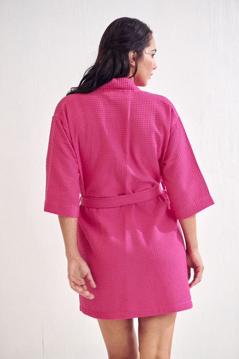 Women's Waffle Kimono Short Fuchsia Bathrobe