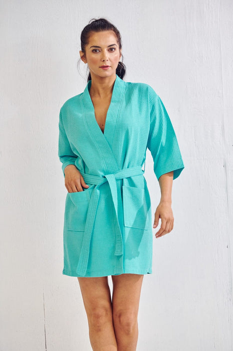 Women's Waffle Kimono Short Turquoise Bathrobe