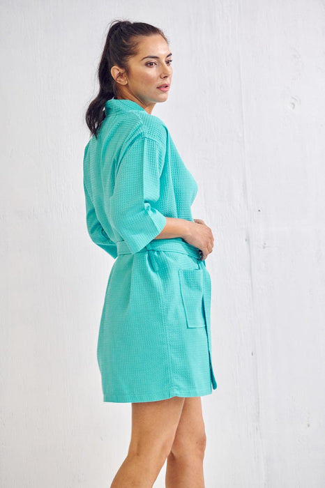 Women's Waffle Kimono Short Turquoise Bathrobe