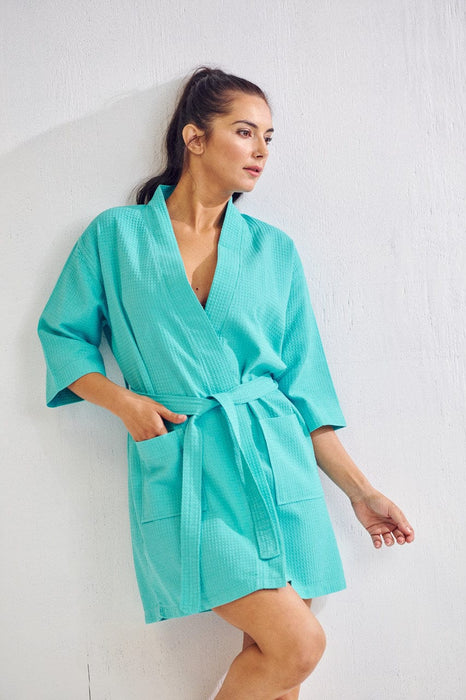 Women's Waffle Kimono Short Turquoise Bathrobe