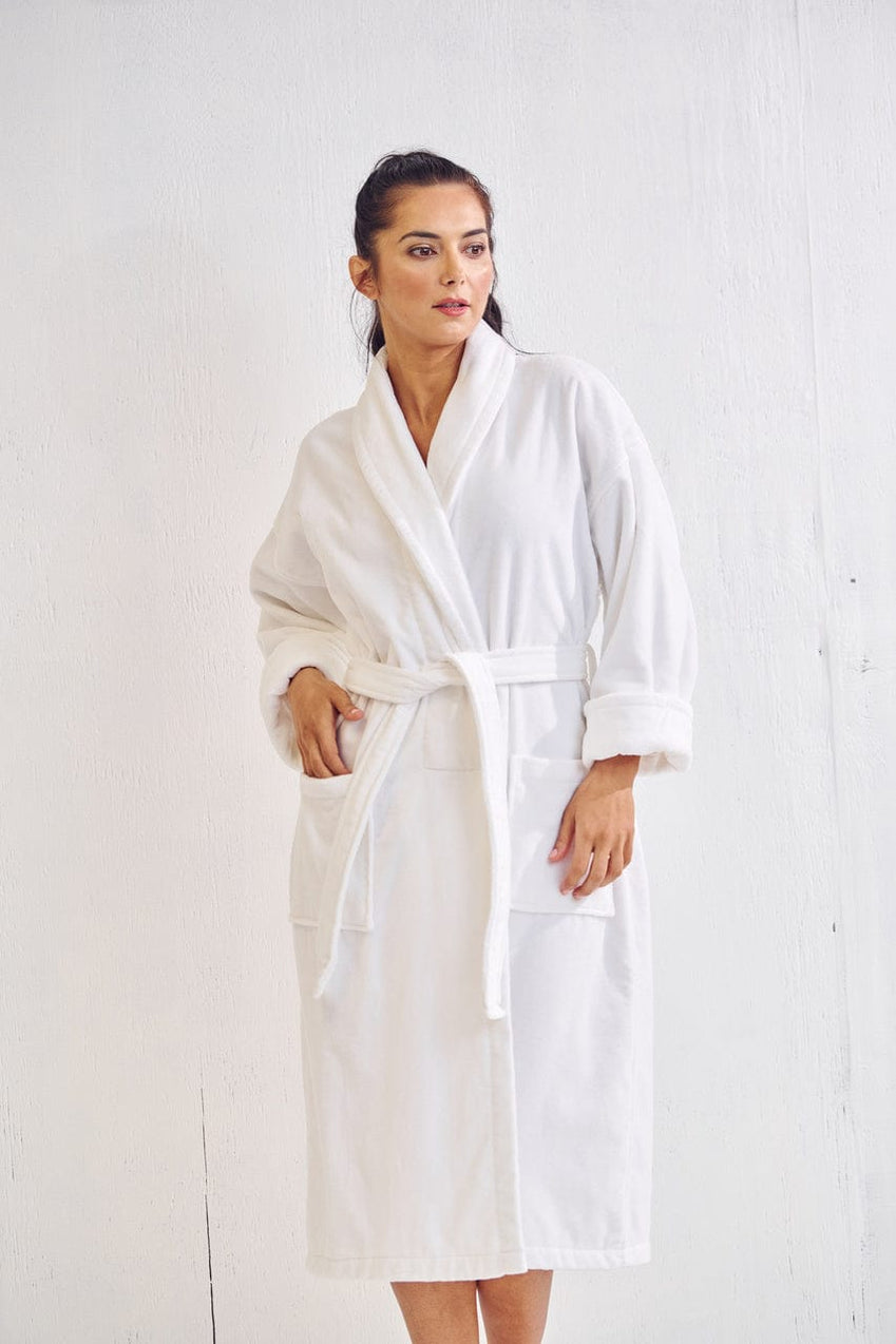 Women's White Bathrobe, Velour Shawl Collar,, Wholesale Bathrobes, Spa